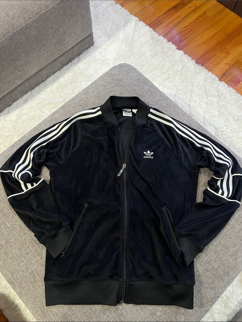 Adidas Unisex’s Black Velvet Track Jacket with White 3-Stripes